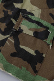 Camouflage Street Print Camouflage Print Patchwork Pocket Buckle Turndown Collar Top