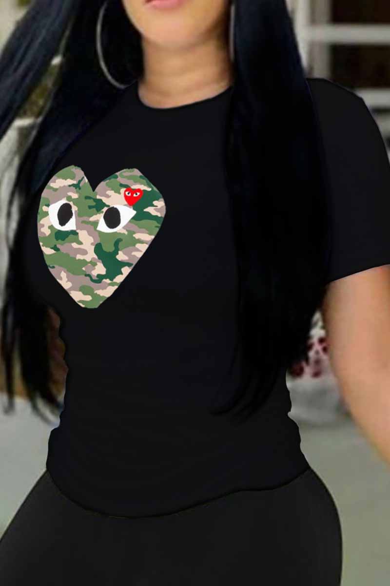 

Black Casual Print Patchwork O Neck T-Shirts