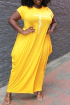 Желтое повседневное базовое платье с круглым вырезом и коротким рукавом с принтом Платья больших размеров