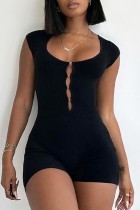 Black Sexy Solid Hollowed Out U Neck Skinny Rompers