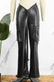 Pantalones de lápiz de cintura baja con bolsillo de patchwork sólido sexy negro