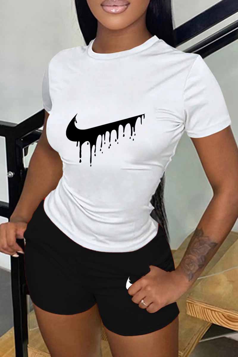 

Black Casual Print Patchwork O Neck Short Sleeve Two Pieces