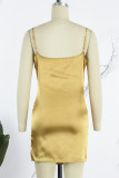 Gold Sexy Solid Patchwork Spaghetti Strap Sling Dress Dresses