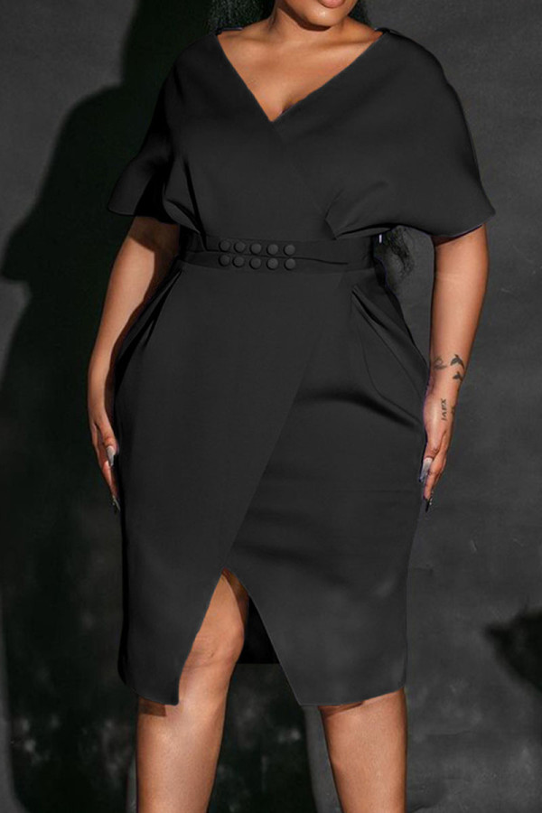 Vestidos de falda de un solo paso con cuello en V y abertura de patchwork sólido elegante negro