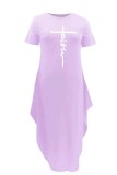 Light Purple Casual Print Basic O Neck Short Sleeve Dress Plus Size Dresses