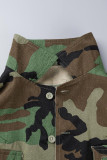 Camouflage Street Print Camouflage Patchwork Pocket Buckle Turndown Collar Tops