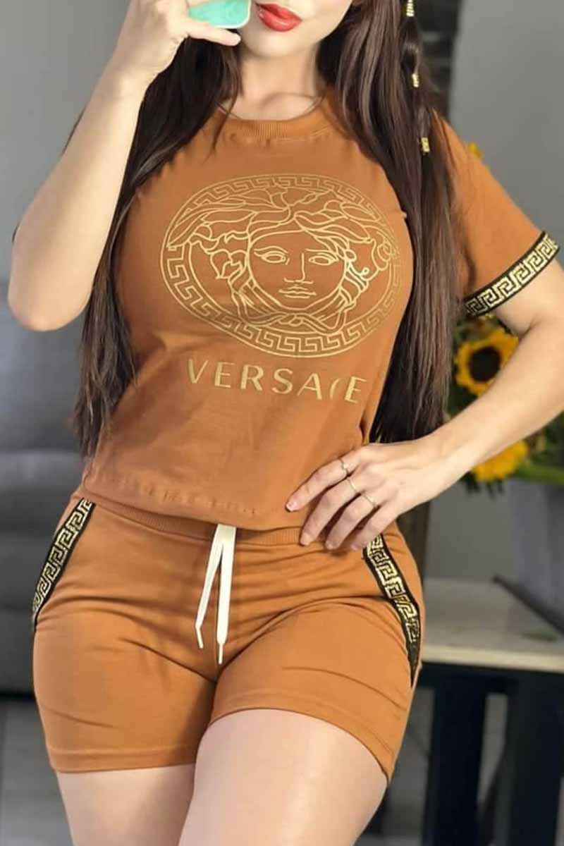 

Brown Casual Print Patchwork O Neck Short Sleeve Two Pieces