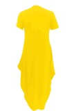 Vestido de manga curta amarelo casual estampado básico com decote em O vestidos tamanho grande