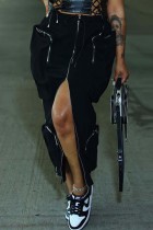 Falda color sólido convencional de cintura alta regular de patchwork sólido casual negro