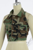 Camouflage Street Print Camouflage Patchwork Pocket Buckle Turndown Collar Tops