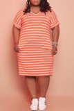 Brown Casual Striped Print Basic V Neck Short Sleeve Dress Plus Size Dresses