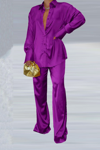 Purple Casual Solid Patchwork Turndown Collar Long Sleeve Two Pieces