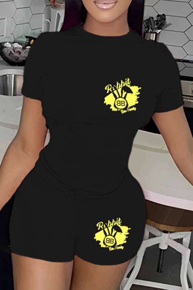 

Black Casual Print Letter O Neck Short Sleeve Two Pieces