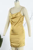 ゴールド セクシー ソリッド パッチワーク スパゲッティ ストラップ スリング ドレス ドレス