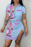 Sky Blue Sexy Print Patchwork Buckle Slit Short Sleeve Two Pieces