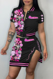 Black Sexy Print Patchwork Buckle Slit Short Sleeve Two Pieces