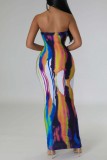 Yellow Pink Sexy Casual Print Backless Strapless Long Dress Dresses