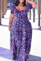 Пурпурное повседневное платье с принтом Базовое платье с V-образным вырезом и короткими рукавами Платья