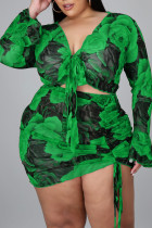 Bandagem Verde Sexy Estampada Patchwork Cordão Decote em V Plus Size Duas Peças