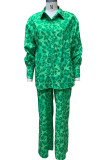Green Casual Street Print Leopard Patchwork Buckle Turndown Collar Long Sleeve Two Pieces