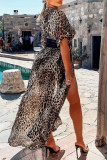Vestido largo con escote en V transparente con retazos de vendaje de leopardo con estampado sexy marrón Vestidos
