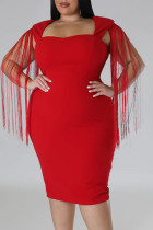 赤いセクシーなソリッド タッセル パッチワーク スクエア カラー プラス サイズのドレス (実際のオブジェクトの対象)