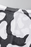 Patchwork imprimé sexy noir et blanc transparent col rond manches longues deux pièces