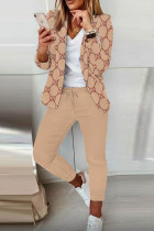 Pantaloni cardigan patchwork con stampa casual color kaki, colletto con risvolto, manica lunga, due pezzi