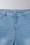 Lichtblauwe casual effen patchwork jeans in grote maten