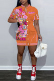 Kaki rechte jurken met patchwork-gesp en mandarijnkraag met straatprint