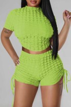 Fluorescent Green Casual Solid Bandage Backless O Neck Short Sleeve Two Pieces