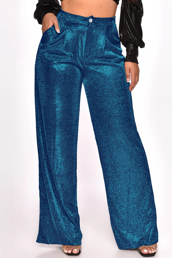 Calças de retalhos lisas casuais azuis regulares de cintura alta convencionais de cores sólidas