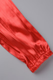 Rode casual effen patchwork geplooide jurken met plooien en hals