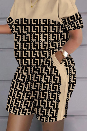 Khaki Casual Print Patchwork O Neck Short Sleeve Two Pieces
