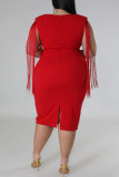Красные сексуальные однотонные платья с квадратным воротником и кисточками в стиле пэчворк больших размеров (в зависимости от фактического объекта)