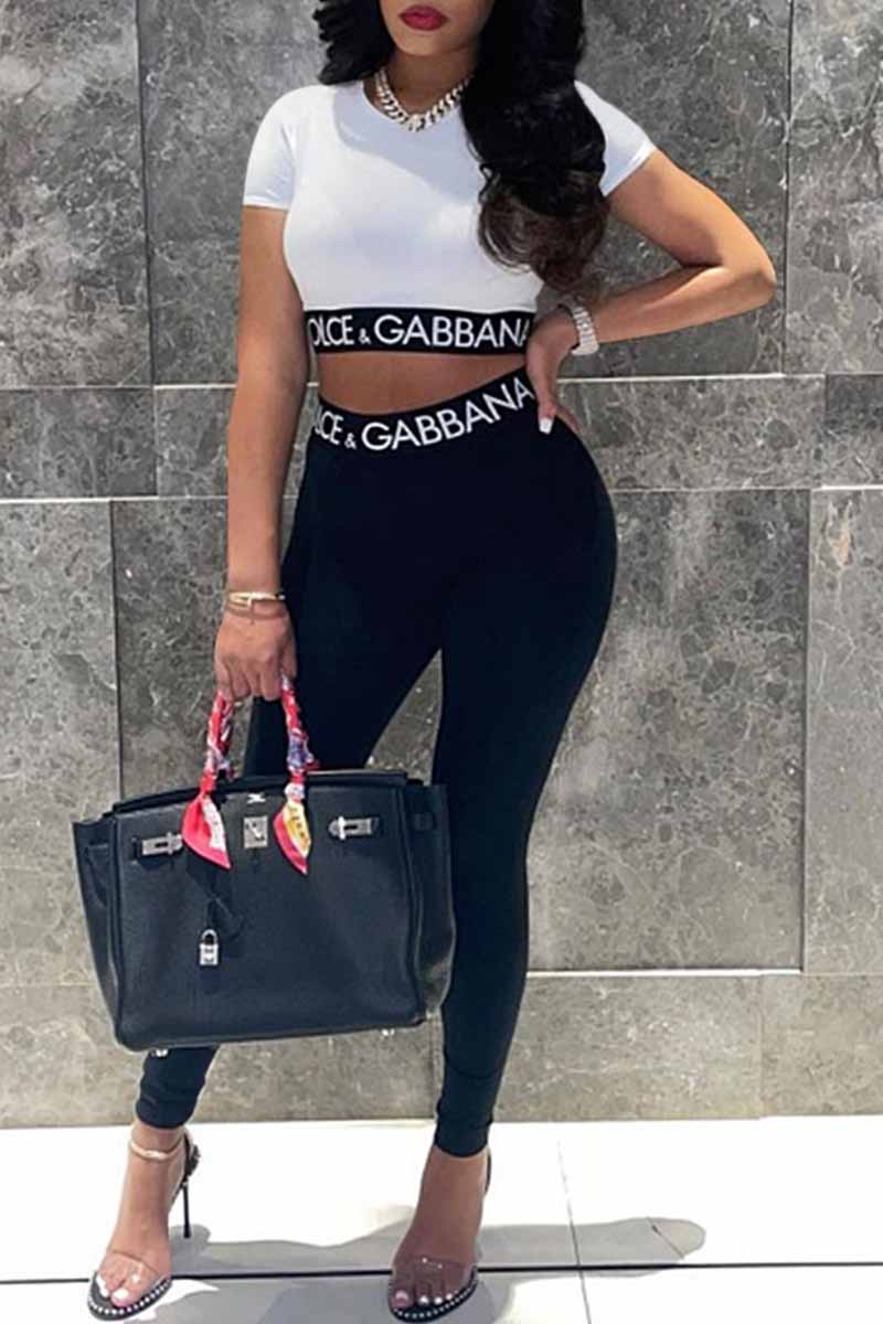 

White Casual Print Patchwork Letter O Neck Short Sleeve Two Pieces