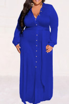 ブルー カジュアル ストリート ソリッド パッチワーク バックル ターンダウン カラー シャツ ドレス プラス サイズ ドレス