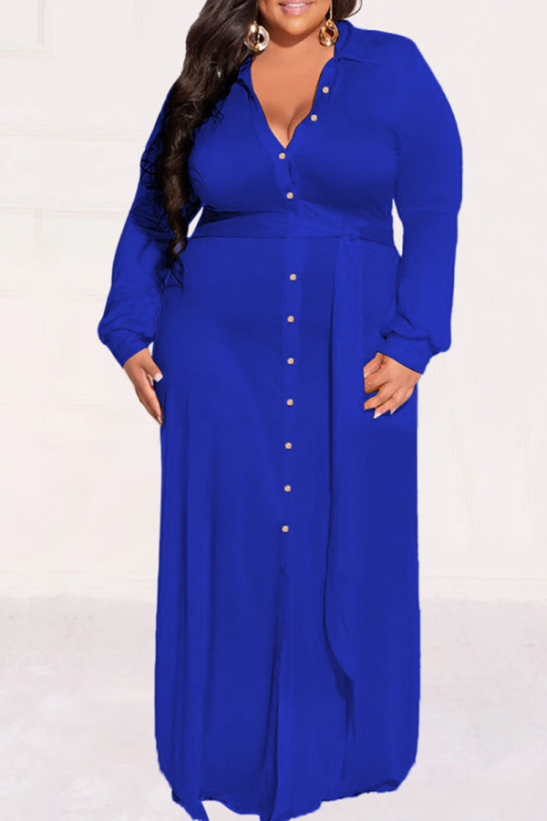 Blauwe Casual Street Solid Patchwork Gesp Turndown Collar Overhemdjurk Grote maten jurken