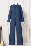 Patchwork tinta unita casual blu senza cintura con colletto alla rovescia e tute di jeans dritte a maniche lunghe (senza cintura)