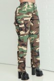 Parte inferior de estampado completo convencional de cintura alta regular de patchwork con estampado de camuflaje informal verde militar