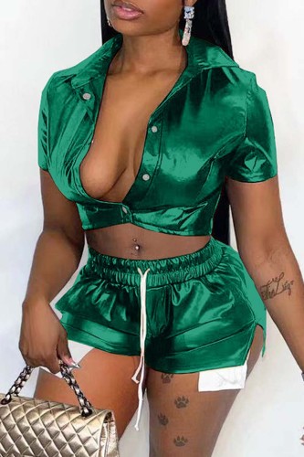 Green Sexy Casual Solid Patchwork Turndown Collar Short Sleeve Two Pieces