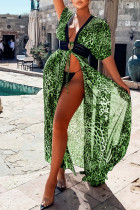 Verde Sexy Estampa Leopardo Bandagem Retalhos Transparente Vestido Longo Decote em V