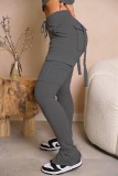 Calça cinza casual sólida básica regular cintura alta convencional de cor sólida