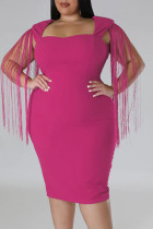 Vestidos de talla grande con cuello cuadrado de retazos de borlas sólidas sexis de color rojo rosa (sujeto al objeto real)