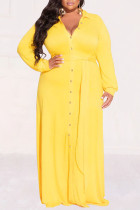 Yellow Casual Street Solid Patchwork Buckle Turndown Collar Shirt Dress Plus Size Dresses