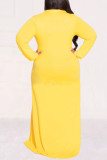 Желтое повседневное уличное однотонное платье-рубашка в стиле пэчворк с отложным воротником и пряжкой Платья больших размеров