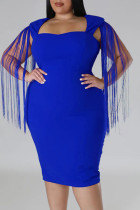 Vestidos de talla grande con cuello cuadrado de retazos de borlas sólidas azules sexy (sujeto al objeto real)