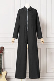 Patchwork solido casual nero senza cintura con colletto alla rovescia e tute di jeans dritte a maniche lunghe (senza cintura)