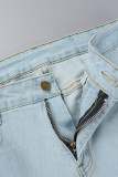 Blauwe casual straat effen gescheurde oude patchwork hoge taille denim jeans