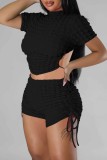 Black Casual Solid Bandage Backless O Neck Short Sleeve Two Pieces